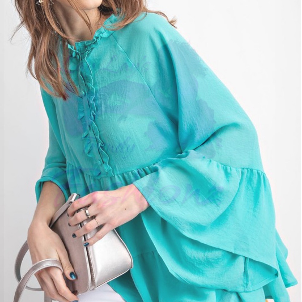 Sheer Oversized Ruffle Tunic- SEA BLUE - Picture 3 of 4
